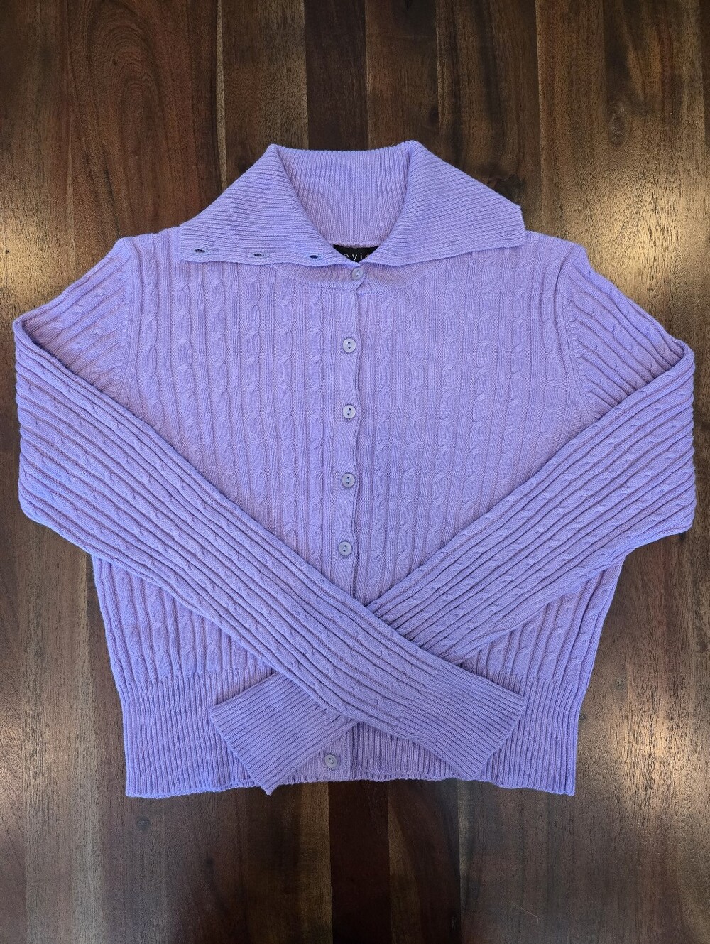 EVIE Silk Cashmere Blend Cable Knit Collared Cardigan Lilac Size Medium